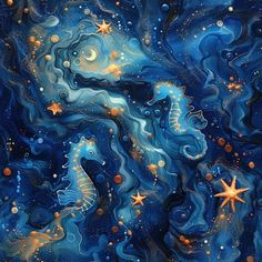 an abstract painting with stars and swirls in blue, gold and white colors on a black background