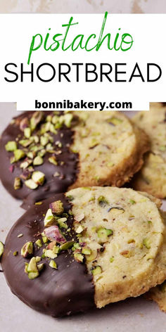 chocolate covered pistachio shortbreads with pistachio sprinkles