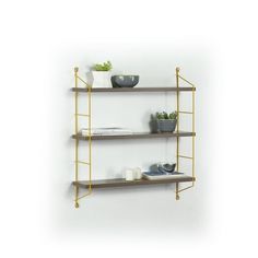 three shelves with plants on them against a white wall, one shelf is gold and the other two are brown