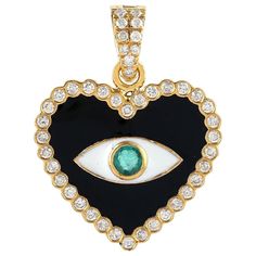 The 14 karat gold enamel pendant is set with .10 carats emerald and .38 carats of shimmering diamonds. Evil Eye symbolizes to ward off negative energy and it promises to keep you safe and sound. See other charm collection. FOLLOW MEGHNA JEWELS storefront to view the latest collection & exclusive pieces. Meghna Jewels is proudly rated as a Top Seller on 1stDibs with 5 star customer reviews. All items manufactured by us are handmade and can be customized or redesigned. Available in black, white, r Elegant Heart Cut Enamel Jewelry, Elegant Enamel Heart Cut Jewelry, Luxury Enamel Jewelry With Diamond Accents, Fine Jewelry Enamel With Diamond Accents, White Gold Diamond Jewelry With Black Enamel, Elegant Heart Pendant Enamel Necklace, Enamel Jewelry With Diamond Accents, Elegant Enamel Heart Pendant Necklace, Luxury Heart-shaped Diamond Necklace With 17 Jewels