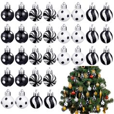 black and white ornaments are hanging on the christmas tree