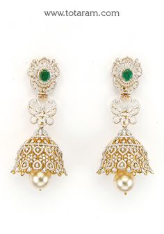 18 karat gold 'peacock - 4 in 1' detachable diamond jhumkas - diamond dangle earrings with color stones & culture pearls
  this product has inter changeable stones in the earrings
  width of the jhumka : 1.20 inches 


18 karat gold 'peacock - 4 in 1' detachable diamond jhumkas    indulge in luxury with these exquisite 18k gold diamond dangle earrings from totaram jewelers. made in india, these stunning earrings feature a beautiful peacock design with interchangeable stones, adding versatility t Elegant Green Jhumkas For Reception, Gold Fusion Jhumkas With Peacock Design, Festive Peacock Design Earrings For Reception, Gold Arm Cuff, Diamond Jhumkas, 22k Gold Bangles, 22k Gold Earrings, Gold Peacock, Diamond Earrings For Women