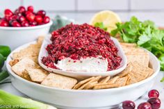 cranberry salsa in a white bowl with crackers on the side