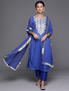 Blue Cotton Blend Bandhani Print & Embroidery Detailing Suit Set with Silk Chiffon Dupatta Blue Salwar Suit, Bandhani Print, Latest Salwar Suits, Readymade Salwar Kameez, Printed Pants Style, Print Embroidery, Designer Salwar Suits, Chiffon Dupatta, Salwar Kameez Designs