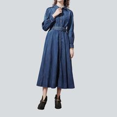 Introducing the 2023 Spring-Summer Collection ââ‚?the medium wash embroidered denim dress. perfect for achieving effortless street style. Crafted to reflect the spirit of urban cool. this dress is a statement of contemporary fashion and timeless sophistication.Why This Is Your Next EssentialThis fit and flare dress features a blend of chic embroidery. distressed detailing. and a stylish buttoned closure. With its classic denim material and grunge-inspired style. it's sure to become a staple in y Casual Mid-length Cotton Dress, Fitted A-line Denim Dresses, Trendy Blue A-line Dresses, Long Sleeve Washed Blue Denim Dress, Trendy Washed Blue Denim Dress For Fall, Spring A-line Shirt Dress, Long Sleeve Washed Blue Denim Spring Dress, Washed Blue Long Sleeve Denim Dress For Spring, Long Sleeve Washed Blue Denim Dress For Spring