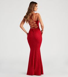 Rachel Formal Glitter Lace-Up Dress Red Fitted Prom Dress Lace, Prom Dresses Tught, Red Prom Dress Under 100, Red Gala Dress Open Back, Fitted Lace Prom Dresses, Red Formal Dress Lace, Prom Dresses Mermaid Tight Red, Red Gala Dresses Lace, Hoco Court Dresses Long Bodycon