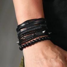 4pc Black Spike Cuff Bracelet Beads Wrist Rock Edgy Pu Leather Goth Grunge Punk Brand New In Original Package No Tags Attached Punk Goth Style Spike Wrist Cuff Bracelet Tie Closure Silver Tone Metal Faux Leather Color: Black ***Check Out My Other Great Items*** Bundle & Save $$$ On Shipping (T3z104) Tags Home, Country ,Collectable, Vintage, Figurine ,Office, Boho, Hippie, Stylish, Gift, Fashion, Surfer, Vacation, Beach, Unisex, Vegan, Minimalist, Western, Southwest, Native, Mid Century, Retro, C Black Rock Style Wristband As Gift, Mens Bracelet Stack, Black Rock Style Bracelets For Party, Black Rock Wristband For Party, Rocker Black Leather Bracelet For Party, Rock Style Black Wristband For Parties, Rocker Style Black Leather Bracelet For Party, Adjustable Black Punk Beaded Bracelets, Black Rock Style Bracelet For Gift