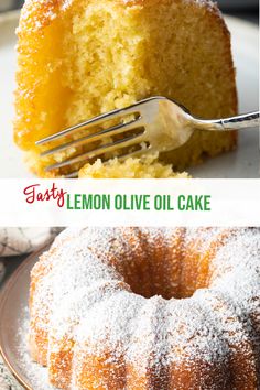 lemon olive oil cake on a white plate with a fork next to it and the rest of the cake