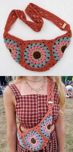 a crocheted bag is being held in front of a woman's face