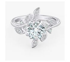 a diamond ring with leaves on the side and diamonds in the band, set against a white background