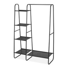 a black metal shelf with three shelves on each side and one shelf in the middle