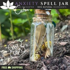 a jar filled with leaves sitting on top of the ground next to plants and dirt