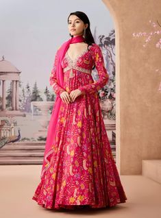 Step into refined elegance with this chintz-printed anarkali, beautifully adorned with dabka and French knot hand embroidery on the neckline. The ensemble is paired with a delicate silk organza dupatta, adding a touch of grace and sophistication, making it perfect for festive occasions or celebrations. Organza Dupatta, French Knot, Silk Organza, Indian Design, Every Woman, Anarkali, Timeless Elegance, Hand Embroidery, Chiffon