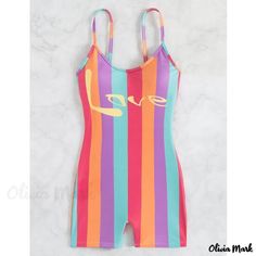 Olivia Mark - Rainbow Striped Halter One-Piece Swimsuit Slimming Swimsuit Sports Bikini Rainbow Swimsuit, Sport Bikinis, Stripes Fabric, Swimsuit Pattern, Bra Pattern, Halter One Piece Swimsuit, Striped Fabrics, Rainbow Stripes, Olivia Mark