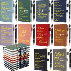 a set of six notebooks with pens and writing on the pages, each containing different sayings