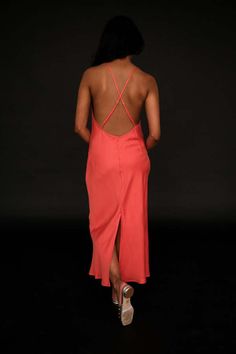 Oh seven days phoebe silky slip dress in burnt orange. low back with criss cross adjustable straps. matte silk finish light fabric.    100% cupro. Burnt Orange Dress, Caged Sandals, Black Tank Dress, Black Aviators, Neon Purple, Seven Days, Boyfriend Tee, Ruched Dress, Low Back