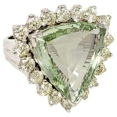 Unique Green Gemstones For Formal Occasions, Trillion Cut Green Diamond Ring, Diamond Cocktail Rings, Cocktail Rings, Halo Diamond, Halo, Ring, Crown Jewelry, Ring Size