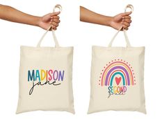 "This all canvas tote is perfect for back-to-school bag to carry extra books, papers, homework, art projects. We also love seeing them as gift bags for Birthday parties, camp bags, stationary sets and many more uses! This 100% cotton bag comes in one size - 15\" x 16\"- perfect for everyday wear.  .: 100% cotton canvas .: Heavy fabric .: Sewn-in label" Cute Multicolor Canvas Bag For School, Cute Multicolor Canvas School Bag, Cute Canvas Bag With Letter Print For School, Fun Multicolor Bags For School Events, Multicolor Bags For Daycare And Back To School, Cute Letter Print Canvas Bag For School, Cute School Canvas Bag With Letter Print, Multicolor Bags As Gifts For End Of School Year, Multicolor Satchel Canvas Bag For School