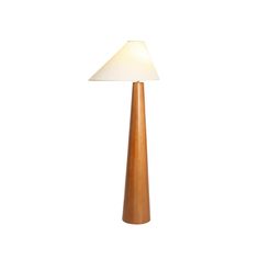 a tall wooden lamp with a white shade on it's top and bottom part