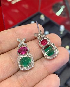 "BRAND-NEW!! ONE OF A KIND, HANDCRAFTED EARRINGS. So Perfect Jewelry proudly presents!! Delicately handcrafted, UNIQUE BOW CABOCHON EMERALD EARRINGS! With gorgeous VIVID PINKISH RED, SPARKLING RUBELLITE. Accented with superb quality, natural diamonds, set in handcrafted 18K solid white gold earrings. Classy and colorful, elegant and charming, with vivacious Green COLOR, HOT PINK, and sparkling diamonds, these earrings sure make a lady feel like a princess! WE OFFER FREE GIFT PACKAGING, CARD WITH Gold Earrings Classy, Packaging Card, Emerald Diamond Earrings, Unique Bows, Earrings Dangling, White Gold Earrings Studs, Rubellite Tourmaline, Pinkish Red, Vs Diamond