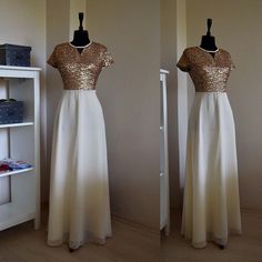 Custom Made Charming Chiffon With Top Sequin Gold Bridesmaid Dress, Cap Sleeve Full Length Sequin Ev Gold Bridesmaid Dress, Sparkly Bridesmaid Dress, Ballgown Dress, Dress Wedding Party, Sequin Bridesmaid, Gold Bridesmaid Dresses, Sequin Bridesmaid Dresses, Gold Bridesmaids, Dress Neck