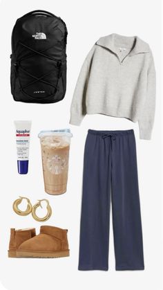 the north face backpack, sweater, pants and coffee