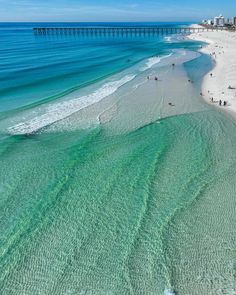 an aerial view of people on the beach and in the ocean near a long pier