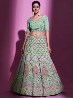 Buy pristine pista green georgette embroidered lehenga choli for celebrating upcoming festival celebration. Shop this incredible lehenga choli which comes with Net blouse and Net dupatta. Matching Lehenga, Georgette Material, Net Blouse, Pista Green, Georgette Lehenga, Net Blouses, Lehenga Online, Embroidered Lehenga, Sleeves Blouse