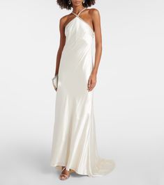 Bridal embellished silk satin gown in white - Roland Mouret | Mytheresa Satin Pre-draped Dress With Fitted Bodice, Pre-draped Satin Finish Maxi Dress For Wedding, Pre-draped Satin Dress With Fitted Bodice, Pre-draped Satin Maxi Dress, Evening Gown With Satin Finish And Maxi Length, Evening Gown With Satin Finish In Maxi Length, Elegant Bias Cut Prom Dress, Elegant Bias-cut Dress For Prom, Pre-draped Satin Gown With Fitted Bodice