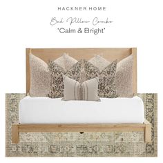 a bed with pillows on it and the caption reads, best pillow company calm & bright