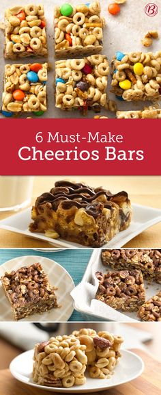 six different dessert bars with cereal toppings on top and below the words, 6 must - make cheerios bars