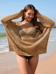 Cover up in style with the Balvin Crochet Long Sleeve Cover Up Sweater. This trendy sweater is perfect for beach days (or any day), featuring a delicate crochet design and long sleeves for added coverage. Stay chill and stylish with this must-have piece! Size Guide: Model is 5’8” tall, and has a 34.2” bust, 24.9”waist, & 37.5” hips. She is wearing a S / US 4 / AU 8. This sweater is true to size. Material: 100% Acrylic. Key Features: Crew Neckline. Long sleeve. Lightweight Knit Fabrication. Not lined. Oversized fit. Care Instructions: Machine wash / Cold hand wash Cover Up Sweater, Jersey Pattern, Trendy Sweater, Delicate Crochet, Trendy Sweaters, Loose Fabric, Crochet Design, Outerwear Vest, Sleepwear & Loungewear