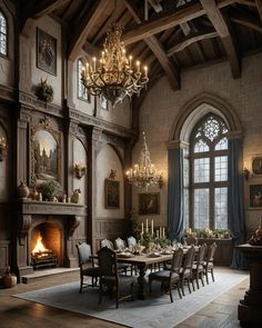 a dining room with a fireplace and chandelier in the center, surrounded by windows