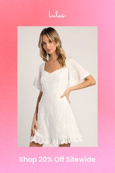 You'll be cafe-ready in a flash with the Lulus Morning in Mallorca White Cotton Eyelet Short Sleeve Mini Dress! Lightweight woven cotton, decorated with three-dimensional, vintage-inspired eyelet embroidery, shapes this must-have summer dress. Short flutter sleeves frame a subtle V-neckline, that tops a bodice with princess seams and crochet trim accents. A fitted waist tops the A-line skirt that falls to a mini hem with pierced eyelet lace trim. Don't forget your favorite espadrilles (and a may Summer Brunch Dresses With Scalloped Edges, Summer Cotton Dress With Scalloped Lace, Summer Cotton Dresses With Scalloped Lace, Summer Cotton Mini Dress With Eyelet Details, White Summer Dress With Scalloped Edges, White Summer Dresses With Scalloped Edges, Summer Cotton Eyelet Mini Dress, Cotton Eyelet Mini Dress For Summer, Summer Cotton Mini Dress With Broderie Anglaise