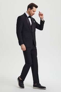 This one button tuxedo by Stacy Adams features a wide black satin shawl lapel, matching pants and vest. This comes in a hybrid fit (Sizes 34-44 = Slim Fit | Sizes 46+ = Modern Fit) Jessica Clark, Designer Tuxedo, Tuxedo Shirts, Suit Style, Dress Hats, Black Satin, Modern Fit, Luxury Fabrics, Hat Designs