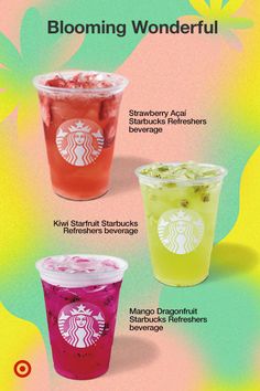 three different types of starbucks drinks on a colorful background