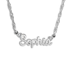 Personalize the perfect gift for a loved one or yourself with this meaningful high-polish name necklace, punctuated with two shimmering diamond accents. Fashioned in 10K white gold, the 18-inch rope chain secures in place with a spring ring clasp. Free personalization! May be personalized with your choice of 1 name (3 to 8 characters). Personalized Silver Diamond Name Necklace, Silver Nameplate Necklace With Diamond Accents, Silver Nameplate Necklaces With Birthstone, Silver Birthstone Nameplate Necklace, Personalized Silver Jewelry With Diamond Accents, Personalized Diamond Name Necklace In Silver, Custom Name Silver Birthstone Nameplate Necklace, Silver Diamond Name Necklace As Personalized Gift, Silver Diamond Name Necklace For Anniversary