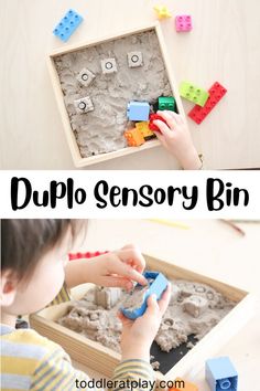 a kid playing with legos and sand in a wooden box that says duplo + kinetic sand sensory bin