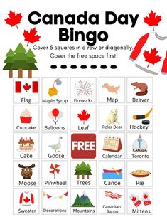 the canada day bingo game with canadian symbols