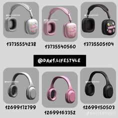 the different types of headphones are shown in this set, including pink and black