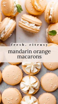 fresh citrusy mandarin orange macarons on a baking sheet with the title overlay