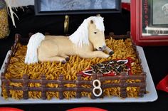 there is a cake shaped like a horse laying in the hay