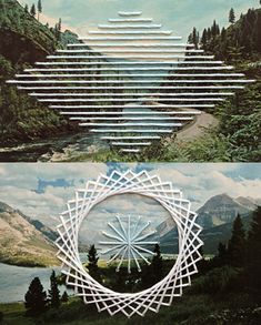 an artistic collage of mountains, trees and a river with a geometric design in the middle