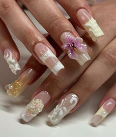 My Bubble, July 28, Floral Nails, Spring Nails, Summer Nails, Orchids, Acrylic Nails, Nails, Floral