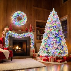 a decorated christmas tree in front of a fireplace