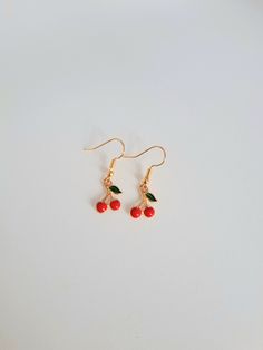 Mini cherry earrings with gold base. Perfect for spring and summer! Trendy Cherry Earrings At Affordable Price, Handmade Cute Cherry Earrings, Cheap Cherry Earrings, Gold Cherry Earrings, Cherry Drop Earrings, Cherry Earrings, Jewelry Earrings Dangle, Etsy Earrings, Dangle Drop Earrings