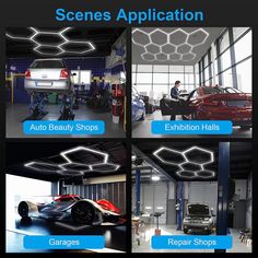 four different views of cars in a garage with the words scenes application above and below them