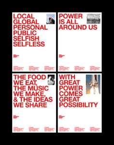 four posters with the words local, power is all around us selfless and what we make comes from them