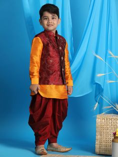 JBN CREATION Boy's Maroon Embroidered Nehru Jacket With Orange Kurta And Maroon Dhoti Set Dress your little one in sophisticated style with this JBN Creation set. Featuring a maroon embroidered Nehru jacket, a vibrant orange kurta, and a matching maroon dhoti, this ensemble is perfect for special occasions and traditional ceremonies. Key Features Maroon embroidered Nehru jacket with mandarin collar Contrasting orange kurta with full sleeves and knee length Maroon dhoti for a complete traditional Long Sleeve Bandhgala With Embroidered Border For Navratri, Bollywood Nehru Jacket With Resham Embroidery For Navratri, Bollywood Style Bandhgala With Embroidered Border For Navratri, Bollywood Style Bandhgala For Festive Occasion, Bollywood Style Bandhgala With Embroidered Border, Festive Embroidered Bandhgala, Festive Nehru Jacket With Resham Embroidery For Navratri, Bollywood Style Bandhgala With Embroidered Border For Diwali, Bollywood Bandhgala With Embroidered Border For Diwali