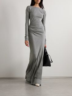 Victoria Beckham's Spring '24 collection is inspired by the designer's love for dance. Taking cues from garments worn during rehearsals, this maxi dress is made from soft cotton-jersey that molds to your shape. It features delicate ruching along the side and falls to a floor-sweeping hem. Silver Or Grey Dress, Jersey Knit Maxi Dress Pattern, Luxury Sheath Maxi Dress For Spring, Gray Evening Dresses, Luxury Sheath Maxi Dress Dressy, Luxury Sheath Maxi Dress For Work, Gray Maxi Dresses, Africa Trip, Victoria Beckham Outfits